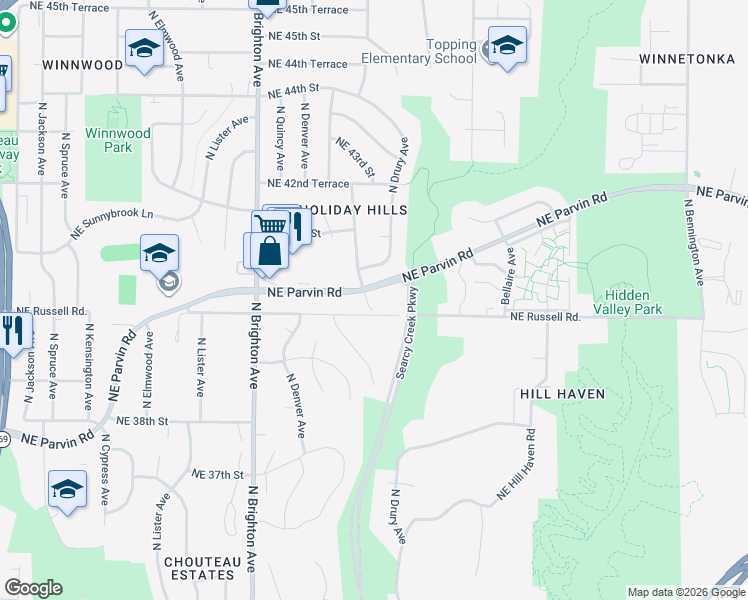 map of restaurants, bars, coffee shops, grocery stores, and more near 4035 North Hardesty Avenue in Kansas City