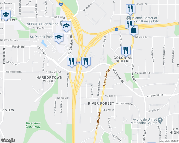 map of restaurants, bars, coffee shops, grocery stores, and more near NE Parvin Rd & NE Russell Rd in Kansas City