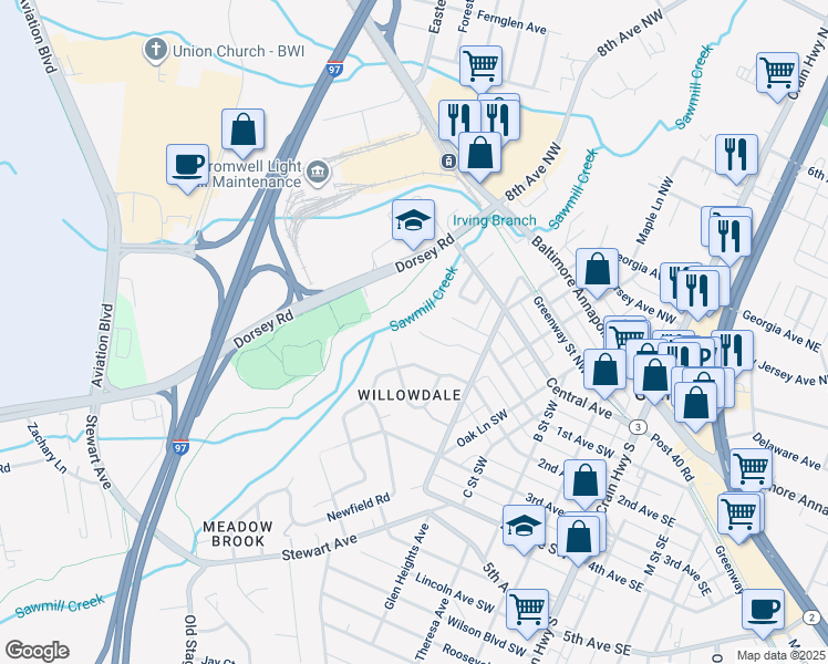 map of restaurants, bars, coffee shops, grocery stores, and more near 419 Joyce Drive in Glen Burnie