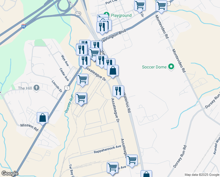 map of restaurants, bars, coffee shops, grocery stores, and more near 7540 Assateague Drive in Jessup