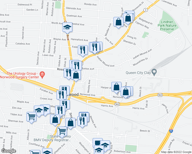 map of restaurants, bars, coffee shops, grocery stores, and more near 2284 Highland Avenue in Cincinnati