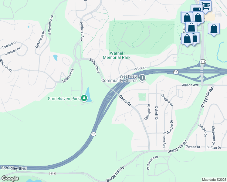 map of restaurants, bars, coffee shops, grocery stores, and more near 3098 Fort Riley Boulevard in Manhattan