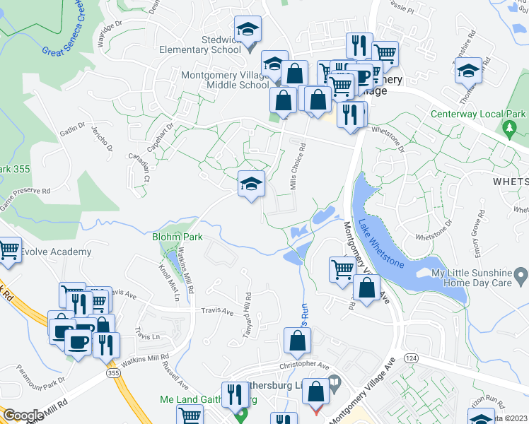 map of restaurants, bars, coffee shops, grocery stores, and more near 18908 Smoothstone Way in Montgomery Village