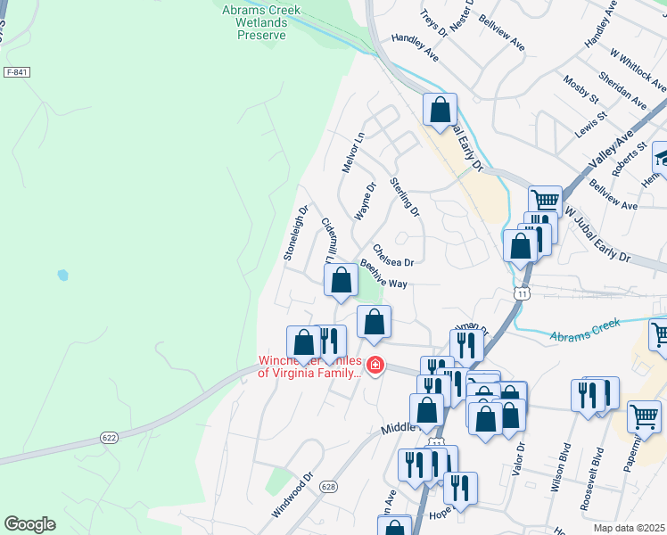 map of restaurants, bars, coffee shops, grocery stores, and more near 2080 Cidermill Lane in Winchester