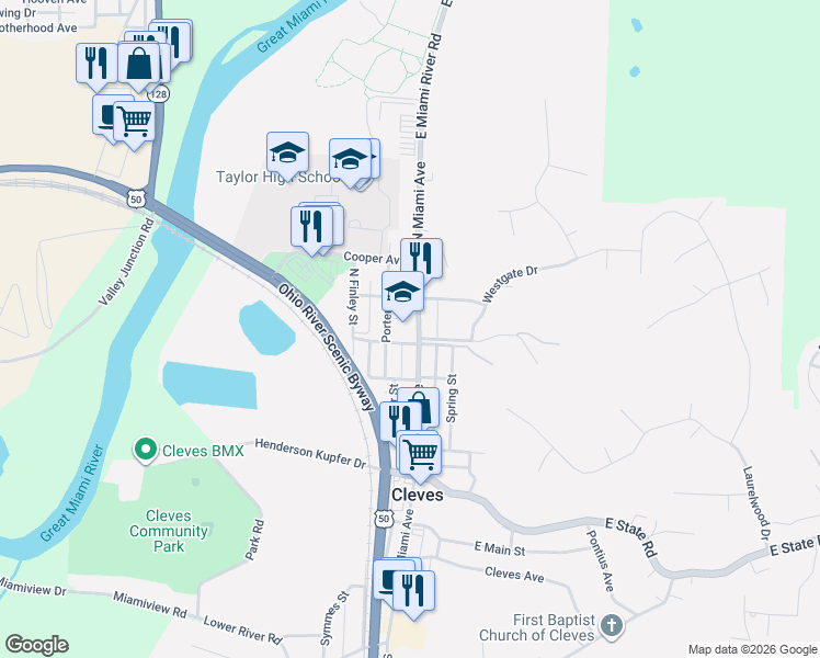 map of restaurants, bars, coffee shops, grocery stores, and more near 124 West Morgan Street in Cleves