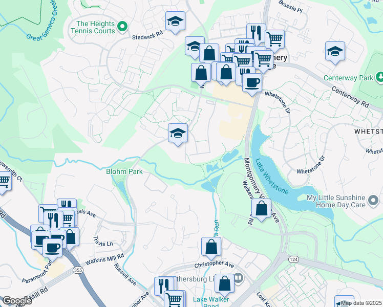 map of restaurants, bars, coffee shops, grocery stores, and more near 18905 Smoothstone Way in Gaithersburg
