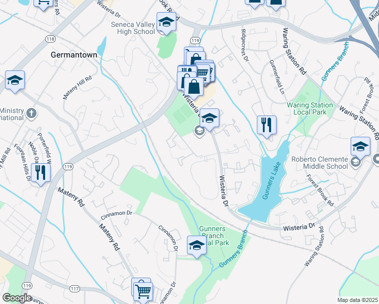 map of restaurants, bars, coffee shops, grocery stores, and more near 12622 Grey Eagle Court in Germantown