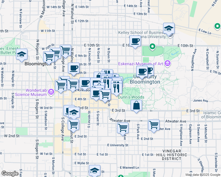 map of restaurants, bars, coffee shops, grocery stores, and more near 501 East Kirkwood Avenue in Bloomington