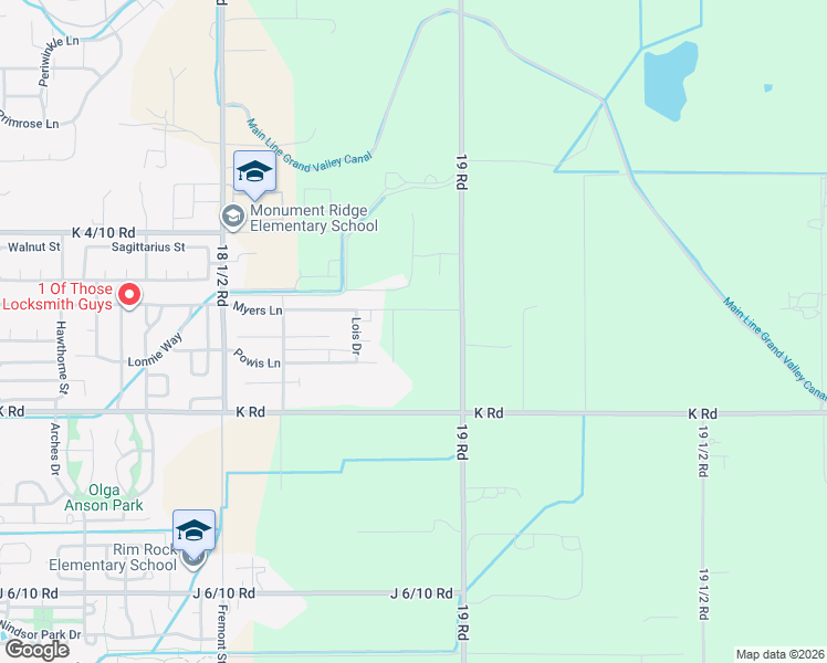 map of restaurants, bars, coffee shops, grocery stores, and more near 1892 K Road in Fruita