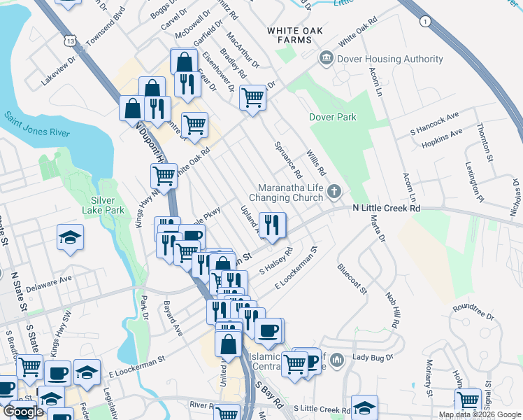 map of restaurants, bars, coffee shops, grocery stores, and more near 45 Upland Avenue in Dover