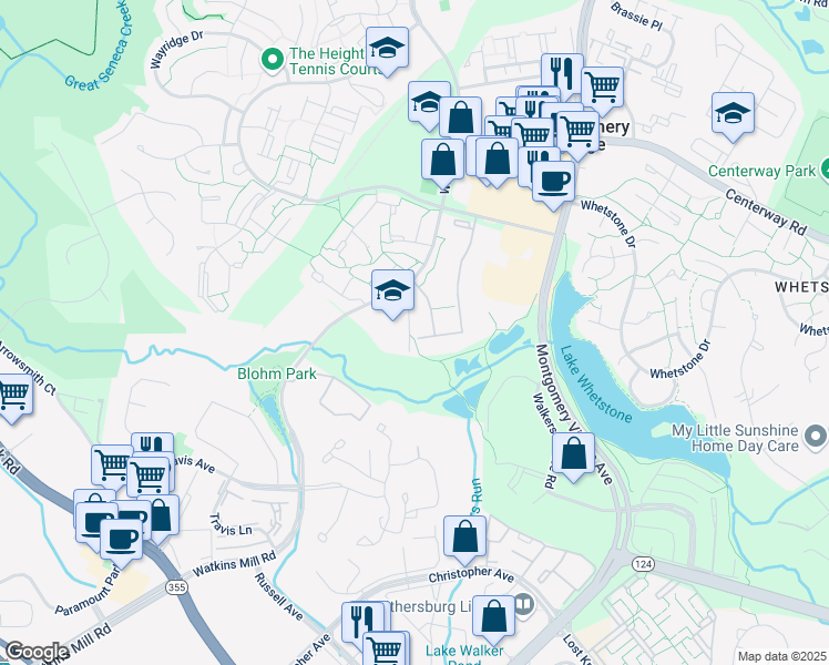 map of restaurants, bars, coffee shops, grocery stores, and more near 10138 Little Pond Place in Montgomery Village