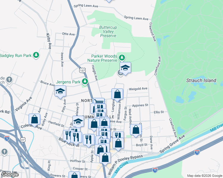 map of restaurants, bars, coffee shops, grocery stores, and more near 1701 Stonybrook Drive in Cincinnati