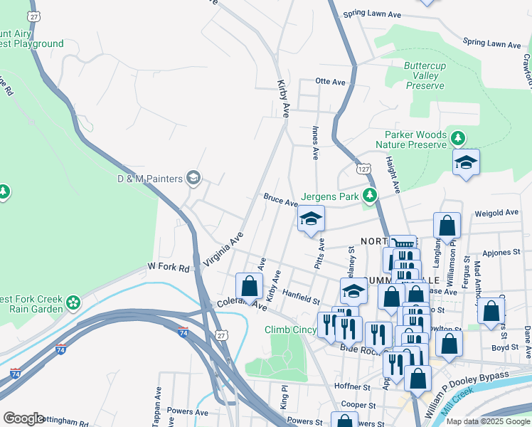 map of restaurants, bars, coffee shops, grocery stores, and more near 4252 Virginia Avenue in Cincinnati