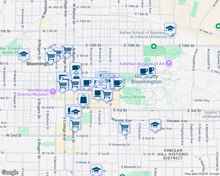 map of restaurants, bars, coffee shops, grocery stores, and more near 420 East Kirkwood Avenue in Bloomington