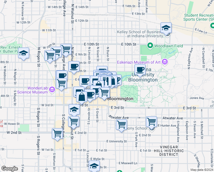 map of restaurants, bars, coffee shops, grocery stores, and more near 420 East Kirkwood Avenue in Bloomington