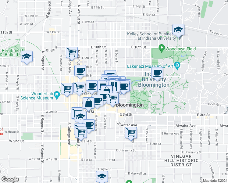map of restaurants, bars, coffee shops, grocery stores, and more near 420 East Kirkwood Avenue in Bloomington