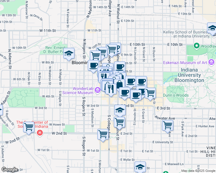 map of restaurants, bars, coffee shops, grocery stores, and more near 122 South College Avenue in Bloomington