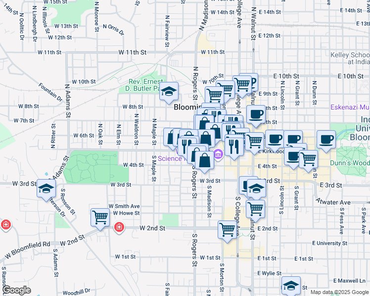 map of restaurants, bars, coffee shops, grocery stores, and more near 515 West Kirkwood Avenue in Bloomington