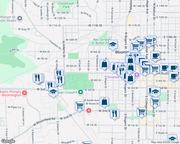 map of restaurants, bars, coffee shops, grocery stores, and more near 100-198 South Elm Street in Bloomington
