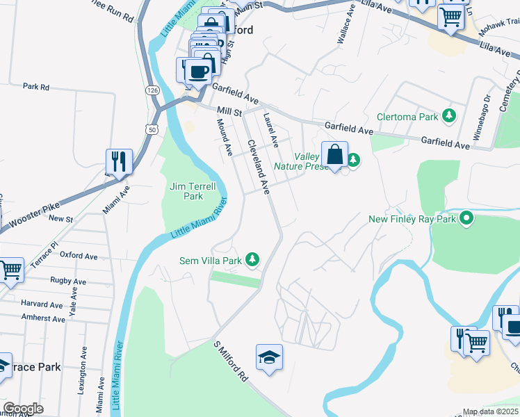 map of restaurants, bars, coffee shops, grocery stores, and more near 225 Cleveland Avenue in Milford
