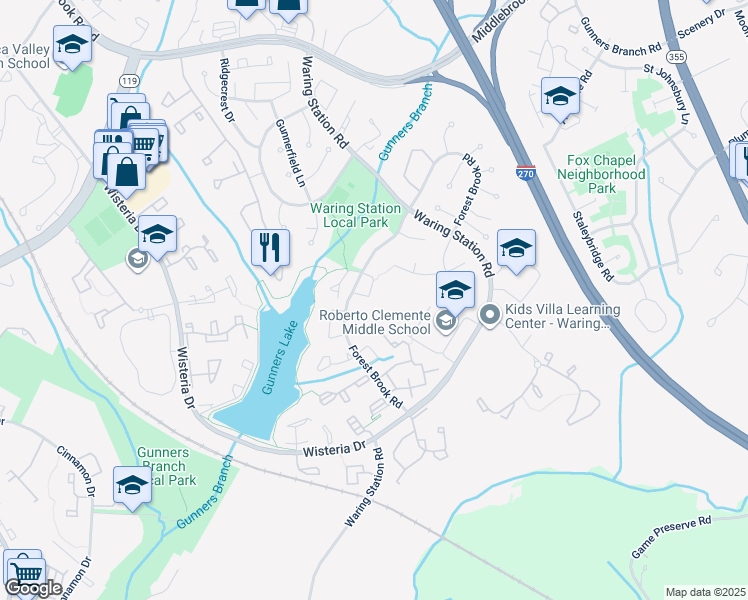 map of restaurants, bars, coffee shops, grocery stores, and more near 18925 Ebbtide Circle in Germantown