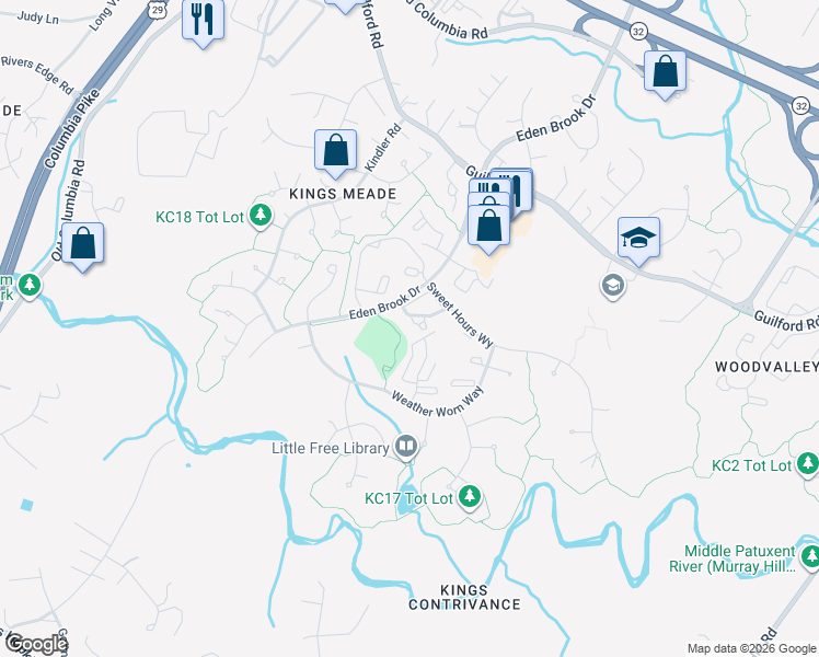 map of restaurants, bars, coffee shops, grocery stores, and more near 7317 Eden Brook Drive in Columbia