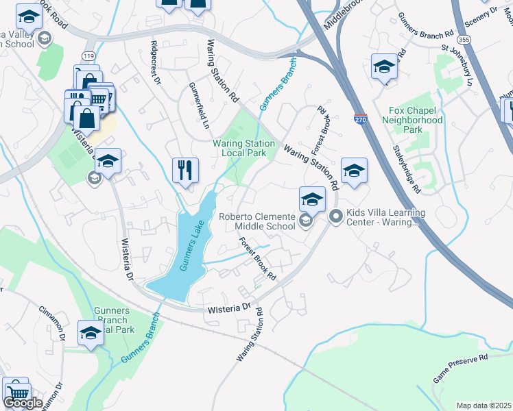 map of restaurants, bars, coffee shops, grocery stores, and more near 18925 Ebbtide Circle in Germantown