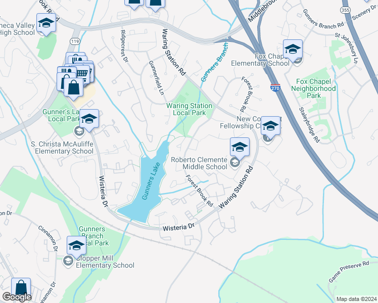 map of restaurants, bars, coffee shops, grocery stores, and more near 18901 Ebbtide Circle in Germantown