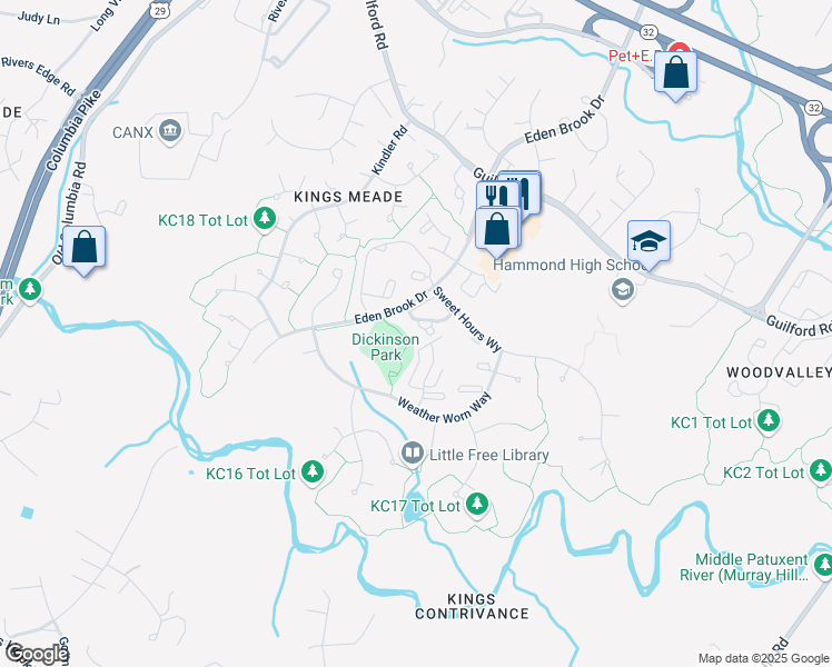 map of restaurants, bars, coffee shops, grocery stores, and more near 7307 Eden Brook Drive in Columbia