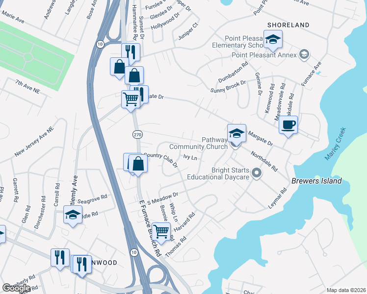 map of restaurants, bars, coffee shops, grocery stores, and more near 122 North Bend Terrace in Glen Burnie