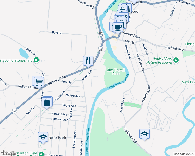 map of restaurants, bars, coffee shops, grocery stores, and more near 99 Michigan Drive in Terrace Park