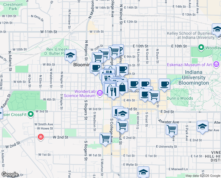 map of restaurants, bars, coffee shops, grocery stores, and more near 105 North College Avenue in Bloomington