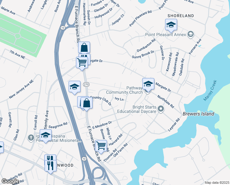 map of restaurants, bars, coffee shops, grocery stores, and more near 122 North Bend Terrace in Glen Burnie