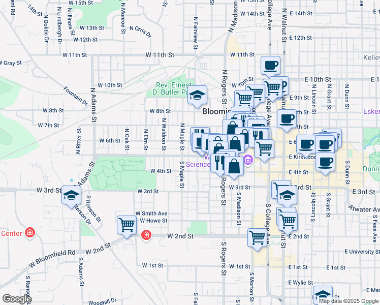 map of restaurants, bars, coffee shops, grocery stores, and more near 701 West Kirkwood Avenue in Bloomington