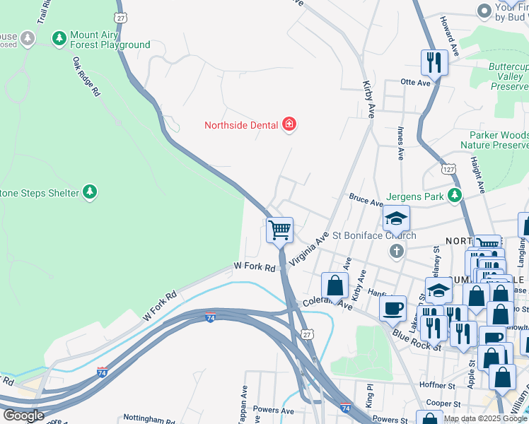 map of restaurants, bars, coffee shops, grocery stores, and more near Colerain Ave & Leeper St in Cincinnati
