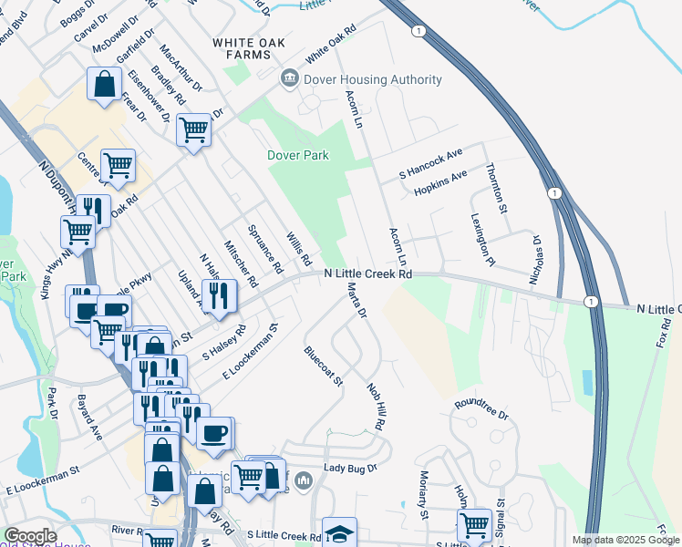 map of restaurants, bars, coffee shops, grocery stores, and more near 1288 East Division Street in Dover