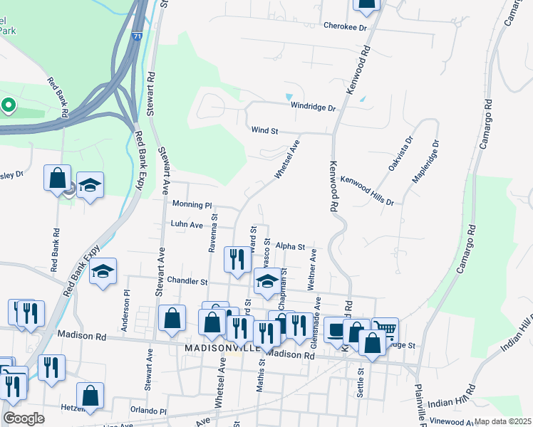 map of restaurants, bars, coffee shops, grocery stores, and more near 5442 Owasco Street in Cincinnati