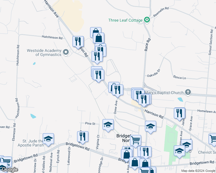 map of restaurants, bars, coffee shops, grocery stores, and more near 5608 Harrison Avenue in Cincinnati