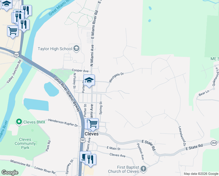 map of restaurants, bars, coffee shops, grocery stores, and more near 124 East Morgan Street in Cleves