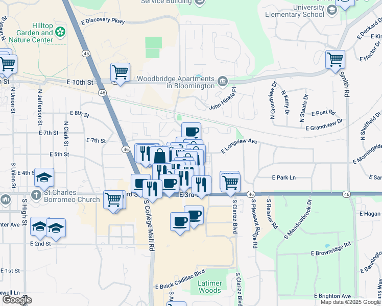 map of restaurants, bars, coffee shops, grocery stores, and more near 223 South Pete Ellis Drive in Bloomington