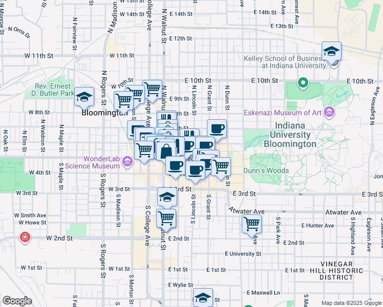 map of restaurants, bars, coffee shops, grocery stores, and more near 200 East Kirkwood Avenue in Bloomington