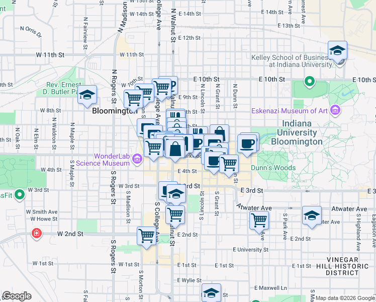 map of restaurants, bars, coffee shops, grocery stores, and more near 200 East Kirkwood Avenue in Bloomington