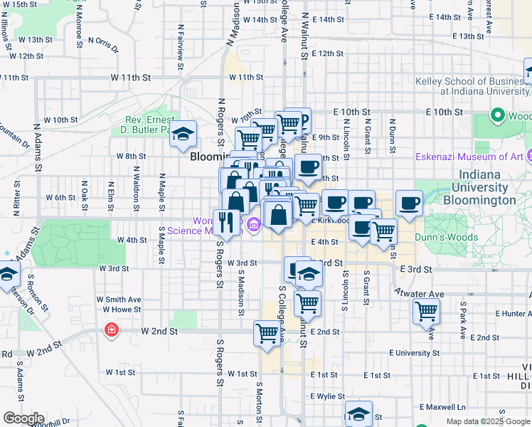 map of restaurants, bars, coffee shops, grocery stores, and more near in Bloomington