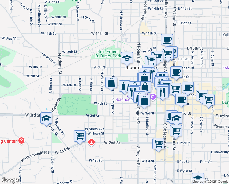 map of restaurants, bars, coffee shops, grocery stores, and more near 803 West Kirkwood Avenue in Bloomington