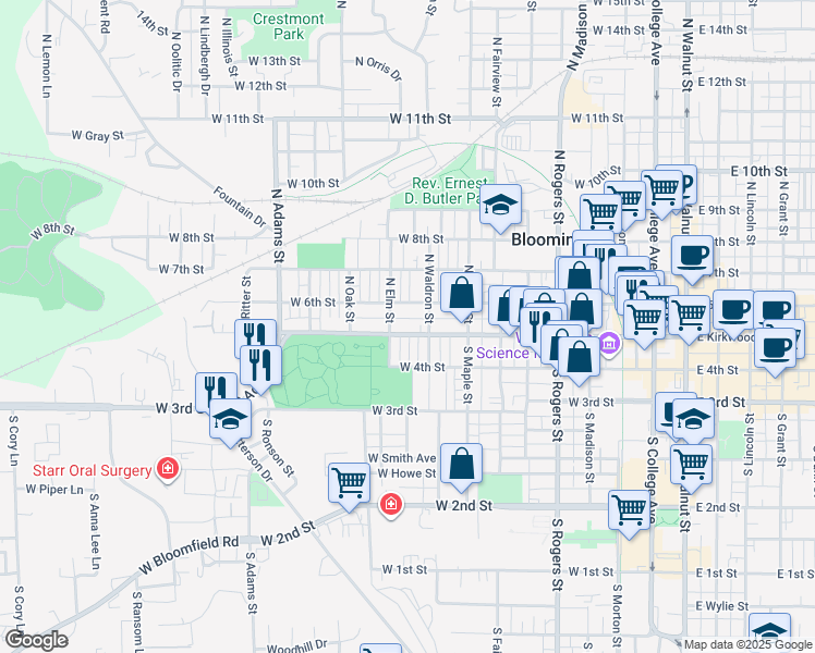 map of restaurants, bars, coffee shops, grocery stores, and more near 907 West Kirkwood Avenue in Bloomington