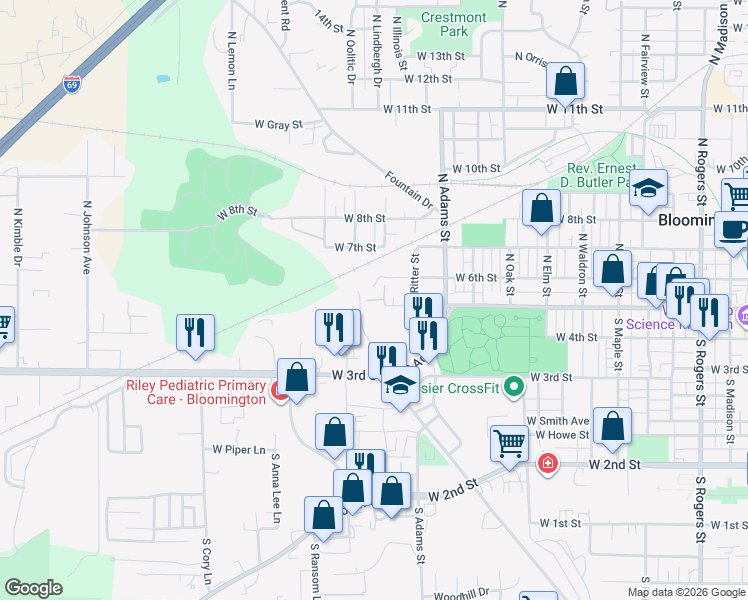 map of restaurants, bars, coffee shops, grocery stores, and more near West Kirkwood Avenue in Bloomington