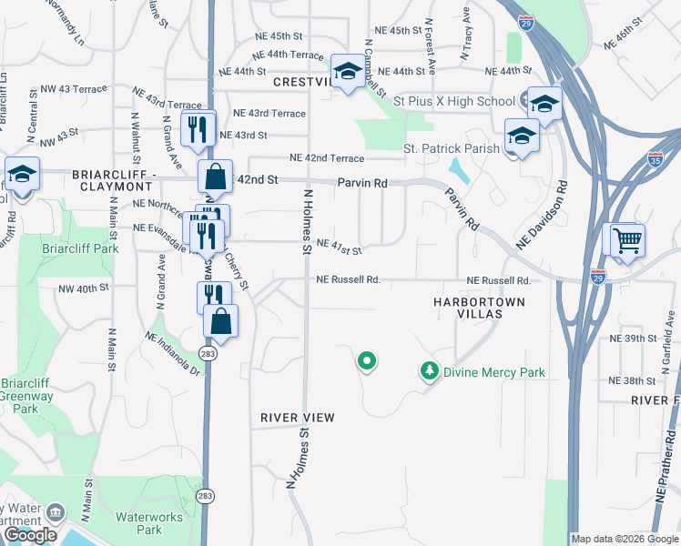 map of restaurants, bars, coffee shops, grocery stores, and more near 805 Northeast Russell Road in Kansas City