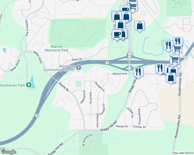 map of restaurants, bars, coffee shops, grocery stores, and more near 708 Dondee Drive in Manhattan