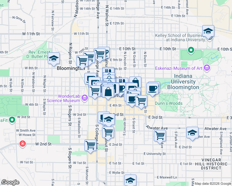 map of restaurants, bars, coffee shops, grocery stores, and more near 200 East Kirkwood Avenue in Bloomington