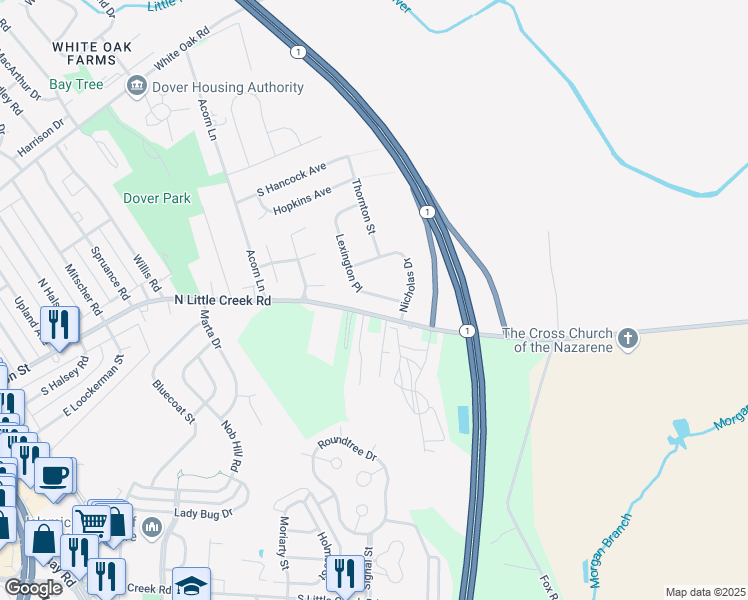 map of restaurants, bars, coffee shops, grocery stores, and more near 114 Lexington Place in Dover